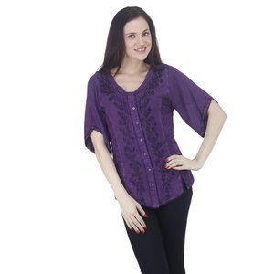 PURPLE RENAISSANCE EMBROIDERED HALF SLEEVE BLOUSE